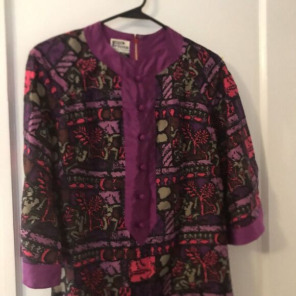 Thai Silk Hand‎ woven Prima Purple Print Size 10 Long Dress made in thailand - Picture 4 of 5